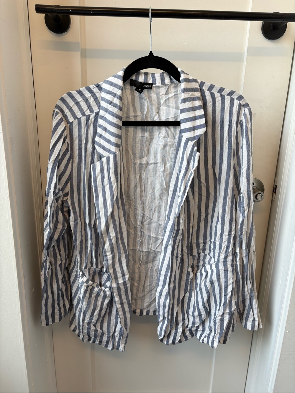 Aqua Blue & White Striped Open Blazer